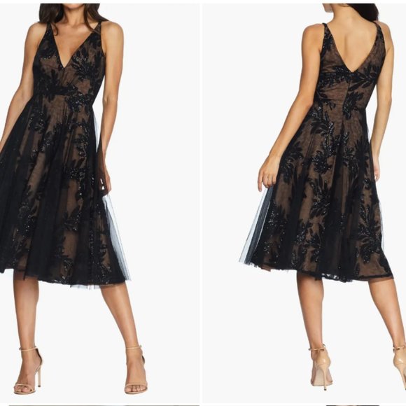 DRESS THE POPULATION COURTNEY SEQUIN LACE BLACK/NUDE COCKTAIL MIDI DRESS sz S - Picture 3 of 4